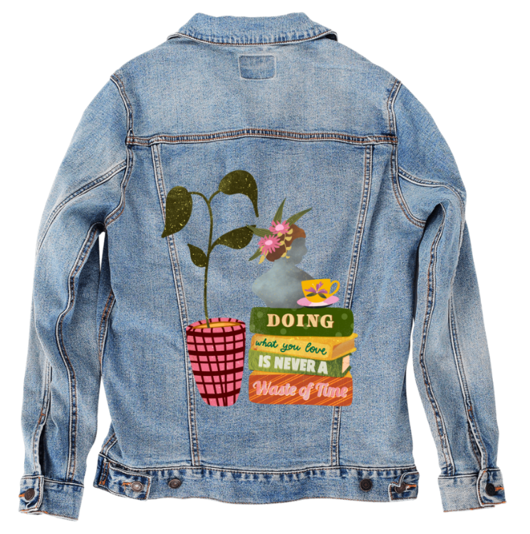 DOING WHAT YOU LOVE by thearticsoul, digitally printed on DENIM products: throw pillows, aprons, table place mats, and hand-made Unisex Denim Jackets in 3 color choices