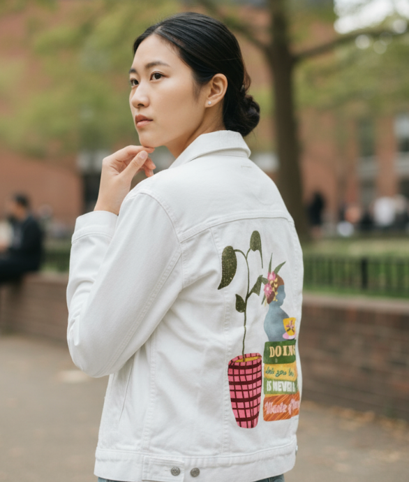 DOING WHAT YOU LOVE by thearticsoul, digitally printed on DENIM products: throw pillows, aprons, table place mats, and hand-made Unisex Denim Jackets in 3 color choices