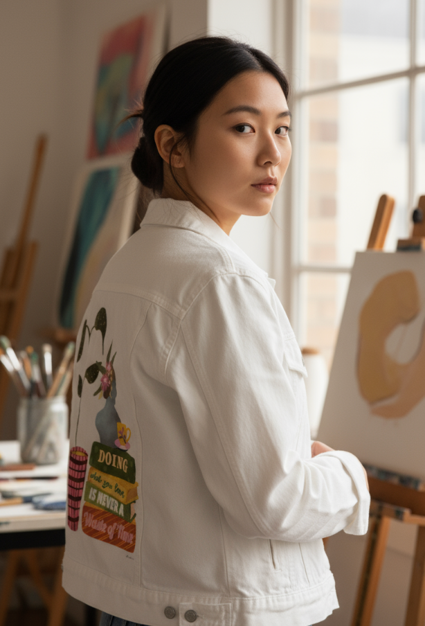 DOING WHAT YOU LOVE by thearticsoul, digitally printed on DENIM products: throw pillows, aprons, table place mats, and hand-made Unisex Denim Jackets in 3 color choices