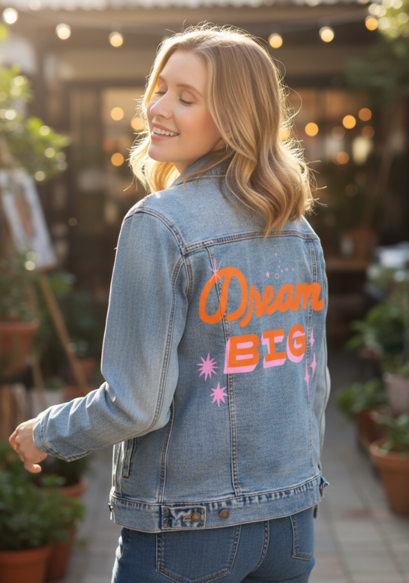 DREAM BIG by IndySign, digitally printed on DENIM products: throw pillows, aprons, table place mats, and hand-made Unisex Denim Jackets in 3 color choices