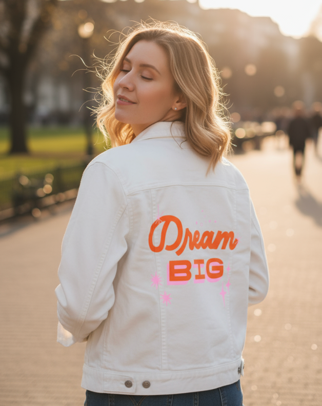 DREAM BIG by IndySign, digitally printed on DENIM products: throw pillows, aprons, table place mats, and hand-made Unisex Denim Jackets in 3 color choices