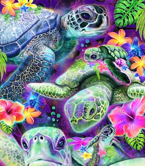 DAYDREAM SEA TURTLES by SHEENA PIKE, digitally printed on DENIM products: throw pillows, aprons, table place mats, and hand-made Unisex Denim Jackets in 3 color choices
