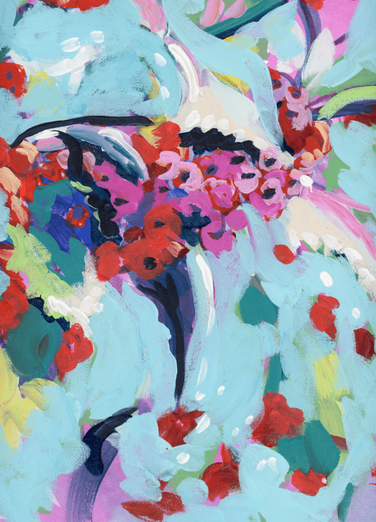 illustration of A close-up abstract floral composition painted with expressive brushstrokes, featuring pale icy blue petals layered densely across the frame. clusters of small red and pink blossoms weave through the blue forms, with dark navy stems and accents cutting through the composition. white highlight marks dot the surface, and the background blends lavender, mint green, and soft yellow tones with visible paint texture. This artwork is titled “December Birth Flower” and created by Paige Flotterud