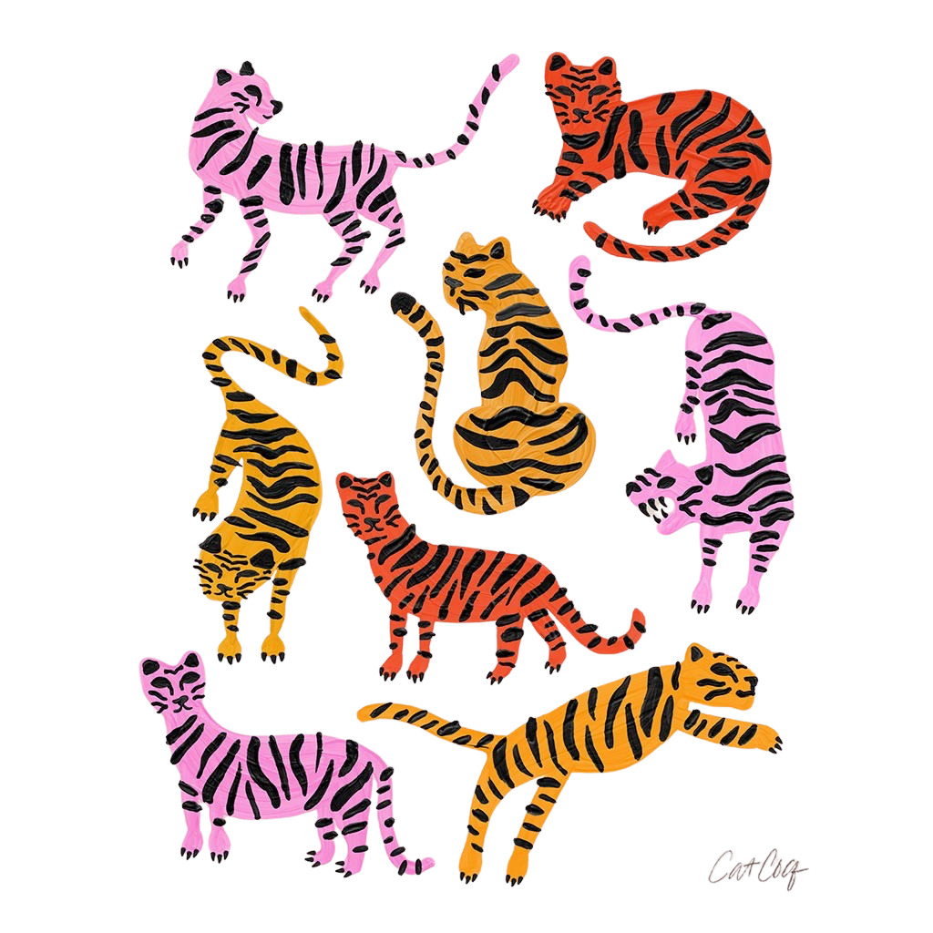 TIGER COLLECTION by CatCoq, digitally printed on DENIM products: throw pillows, aprons, table place mats, and hand-made Unisex Denim Jackets in 3 color choices