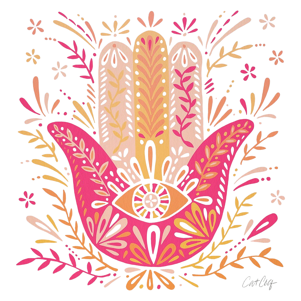 HAMSA HAND by CatCoq, digitally printed on DENIM products: throw pillows, aprons, table place mats, and hand-made Unisex Denim Jackets in 3 color choices