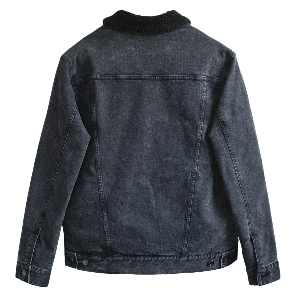 back view of a plain black denim jacket with black liner showing seam detail and printable area is on back of jacket for artwork for custom or independent-artist designs printed by DenimINK