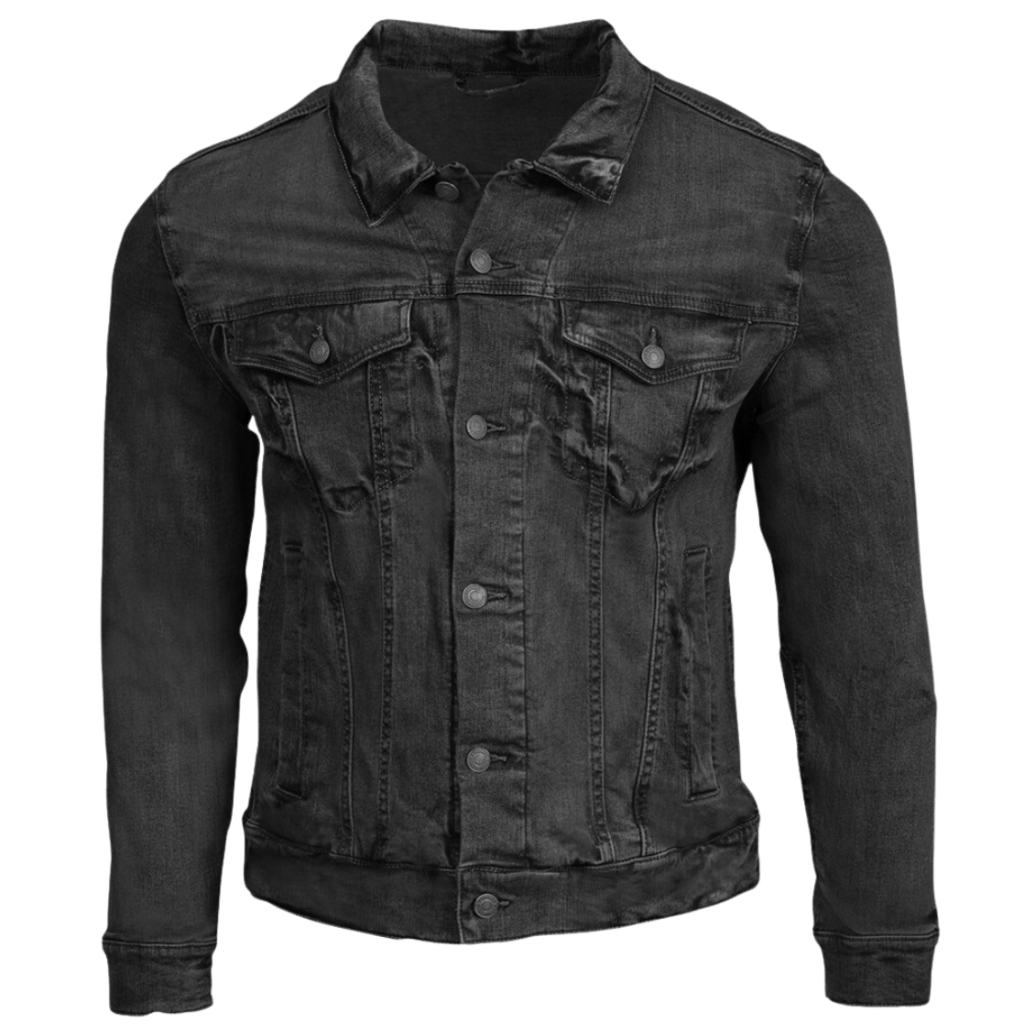 blank black denim jacket front with two buttoned chest pockets and two lower pockets. printable area is on back of jacket for artwork for custom or independent-artist designs printed by DenimINK
