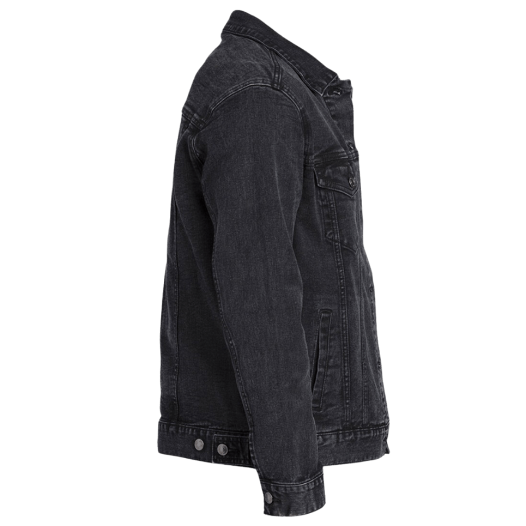 right side-view of a plain black denim jacket showing seams, buttons, liner, and fit with no artwork printed