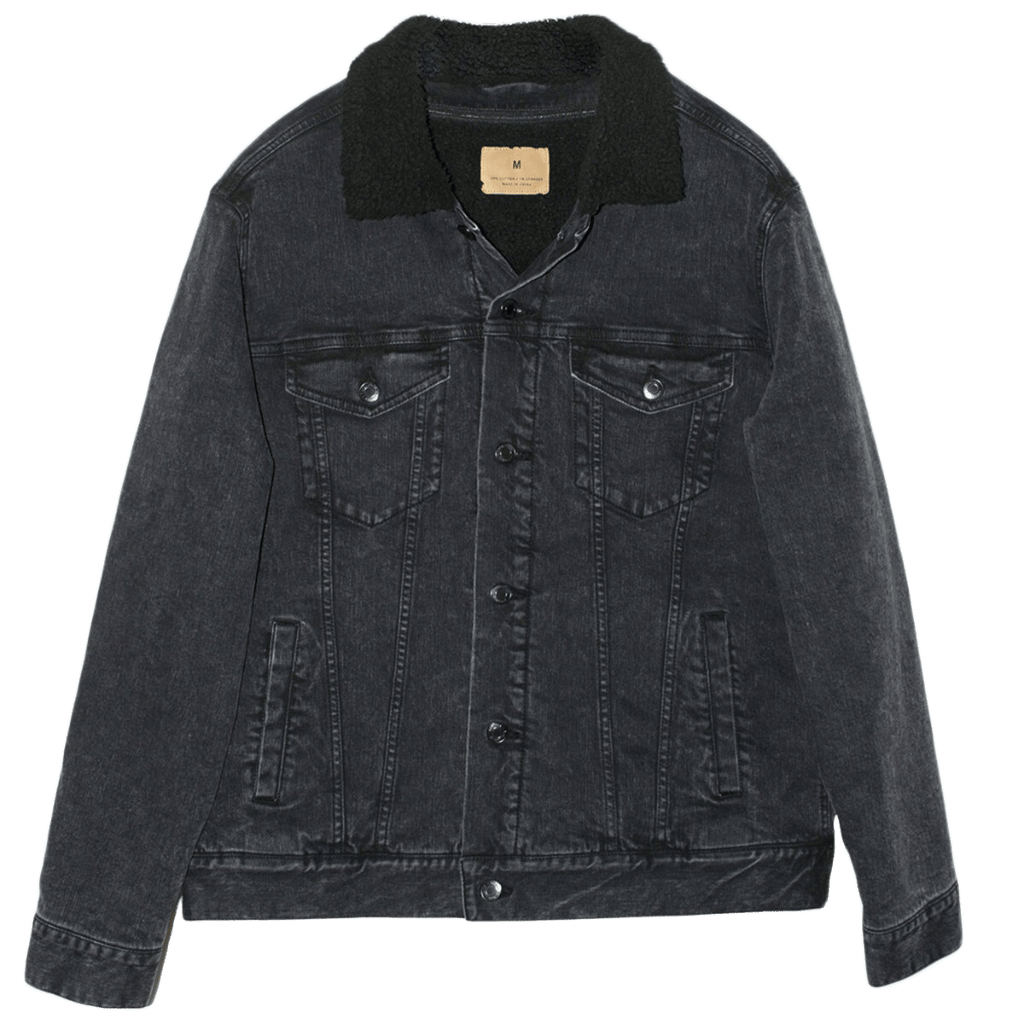 front view of a plain black denim jacket with black liner with two buttoned chest pockets and two lower pockets. printable area is on back of jacket for artwork for custom or independent-artist designs printed by DenimINK