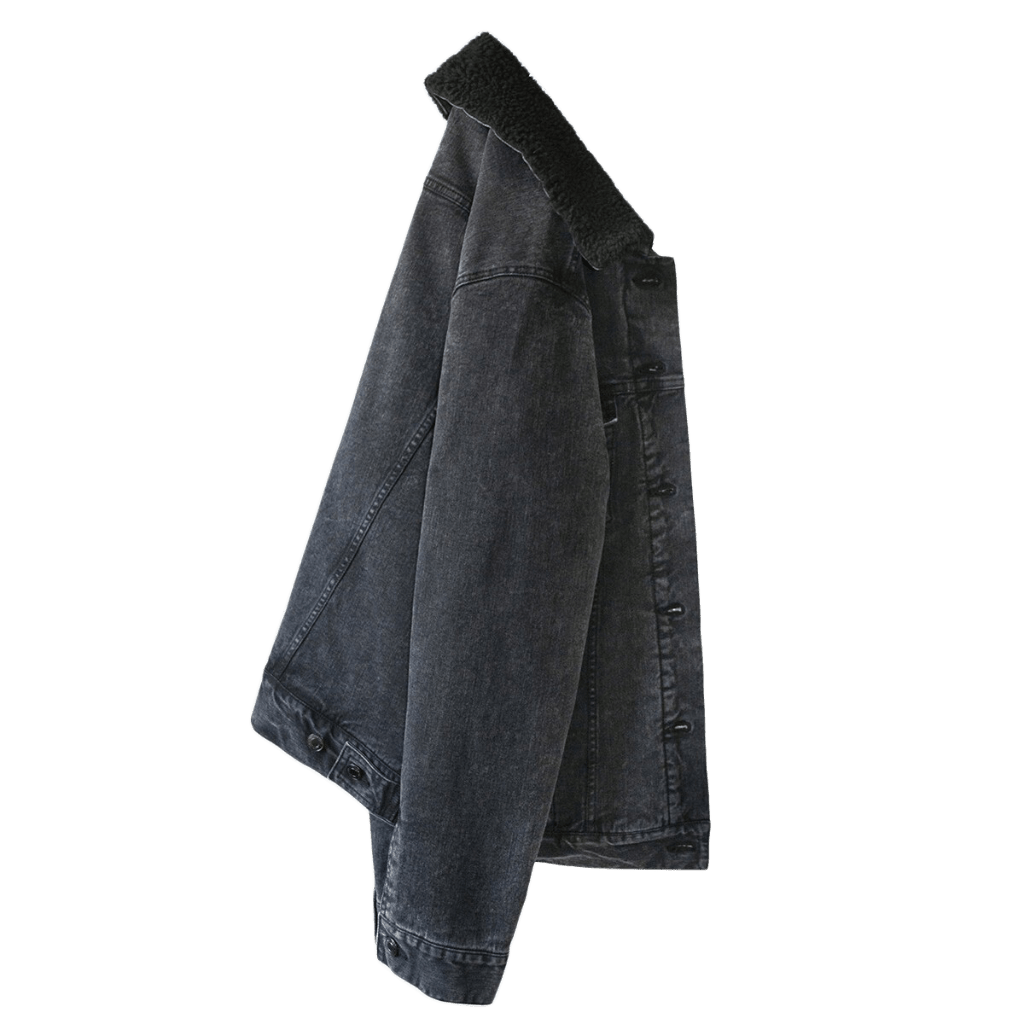 right side-view of a plain black denim jacket with black liner; showing seams, buttons, liner, and fit with no artwork printed