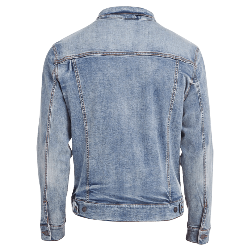 blank stonewashed denim jacket back showing seam detail and printable area for artwork, suitable for custom designs or independent artist artwork printed by DenimINK
