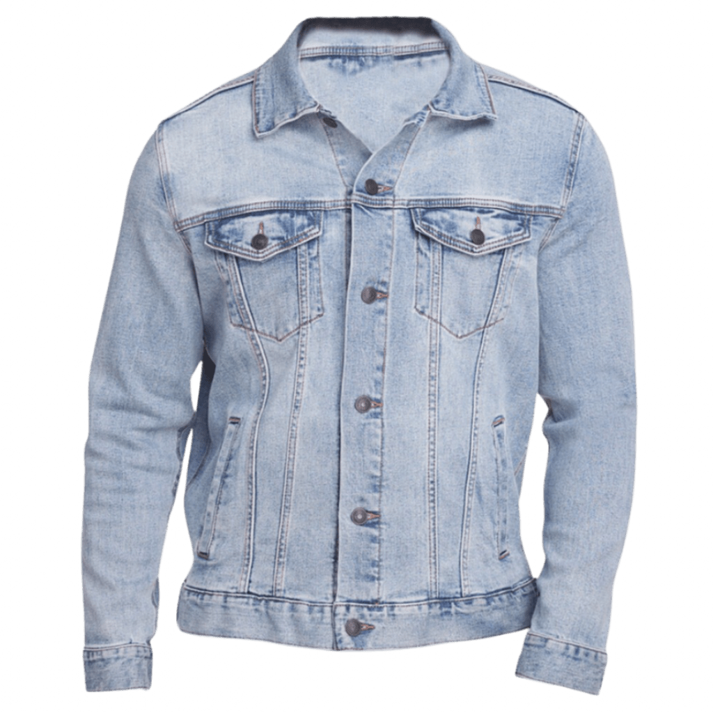 blank stonewashed denim jacket front with two buttoned chest pockets and two lower pockets. printable area is on back of jacket for artwork for custom or independent-artist designs printed by DenimINK