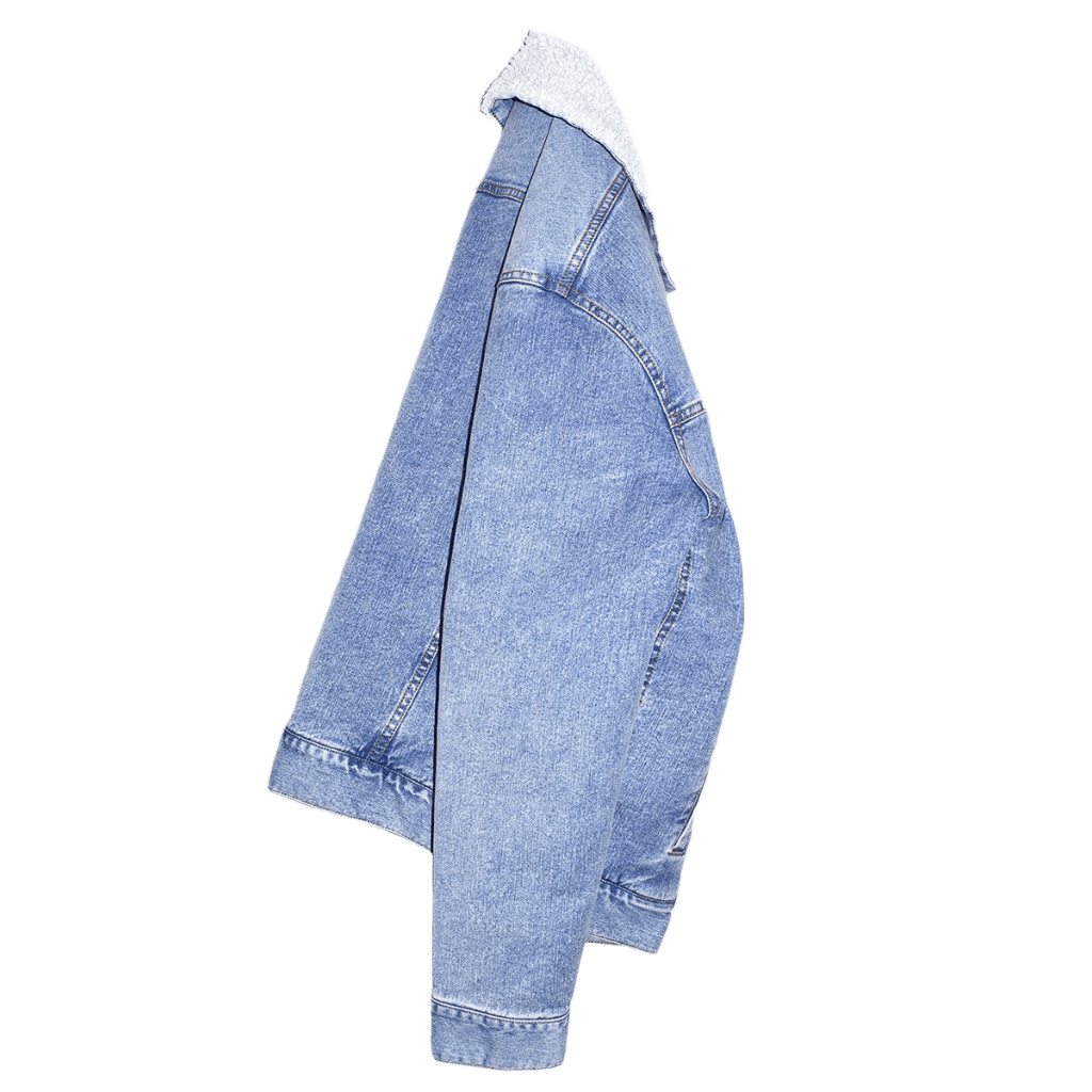 right side-view of a plain stonewashed denim jacket with off-white liner; showing seams, liner, button holes, and fit with no artwork printed