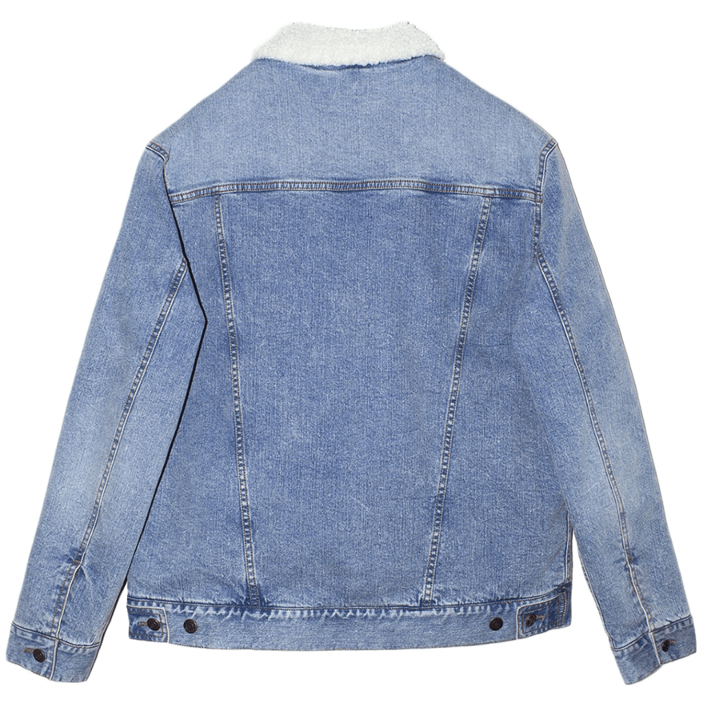 backview of a plain stonewash denim jacket with off-white liner showing seam detail and printable area is on back of jacket for artwork for custom or independent-artist designs printed by DenimINK