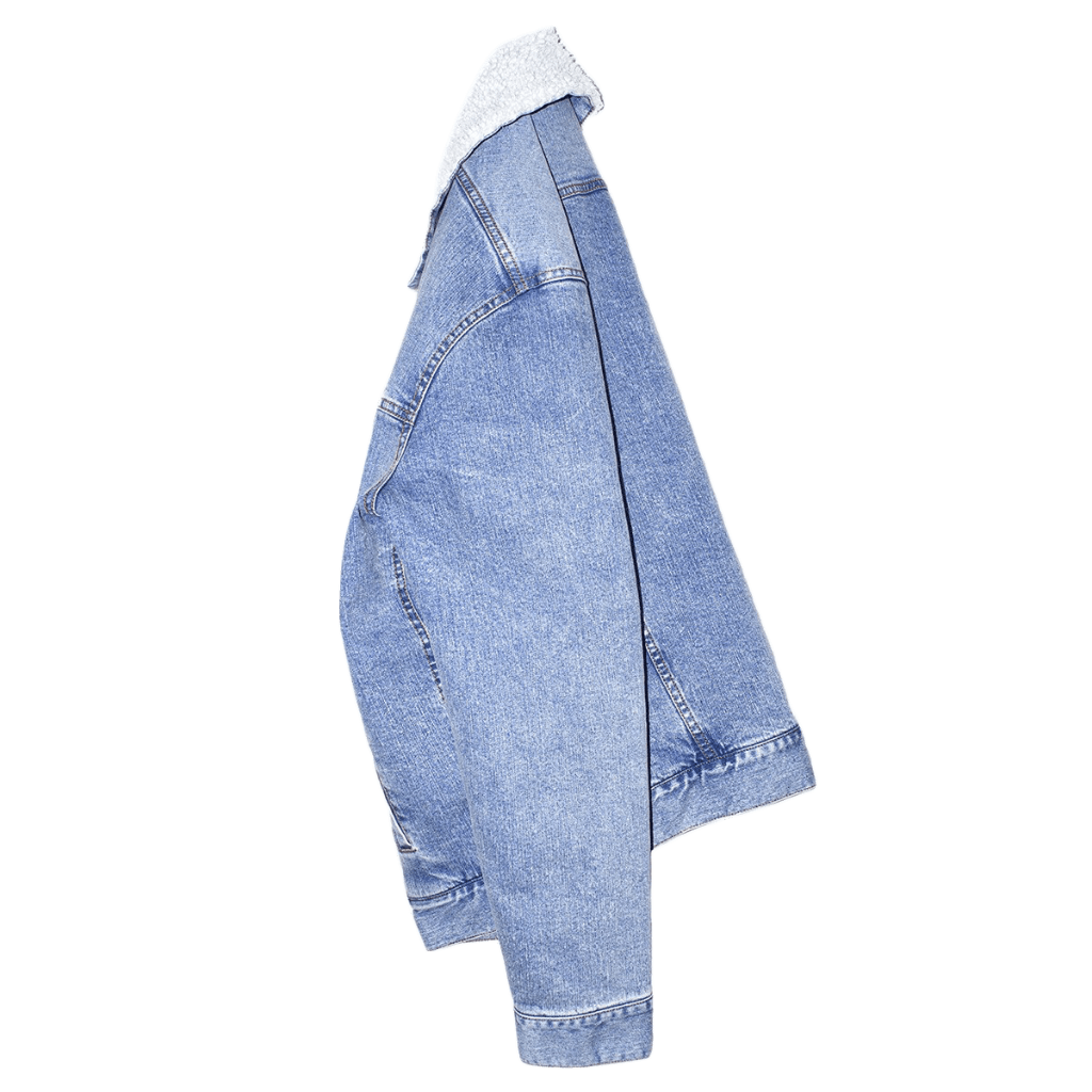 left side-view of a plain stonewashed denim jacket with off-white liner; showing seams liner, and fit with no artwork printed