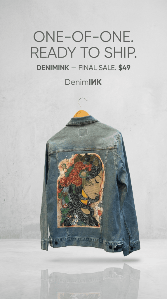 One-of-one DenimINK blowout cut sheet featuring a stonewashed denim jacket shown from the back with a colorful floral portrait illustration of a woman in profile printed on the center back panel, with “one-of-one ready to ship” and $49 final sale as-is text on a light gray background.  Features "Pretty Woman" by Canvas and Quotations