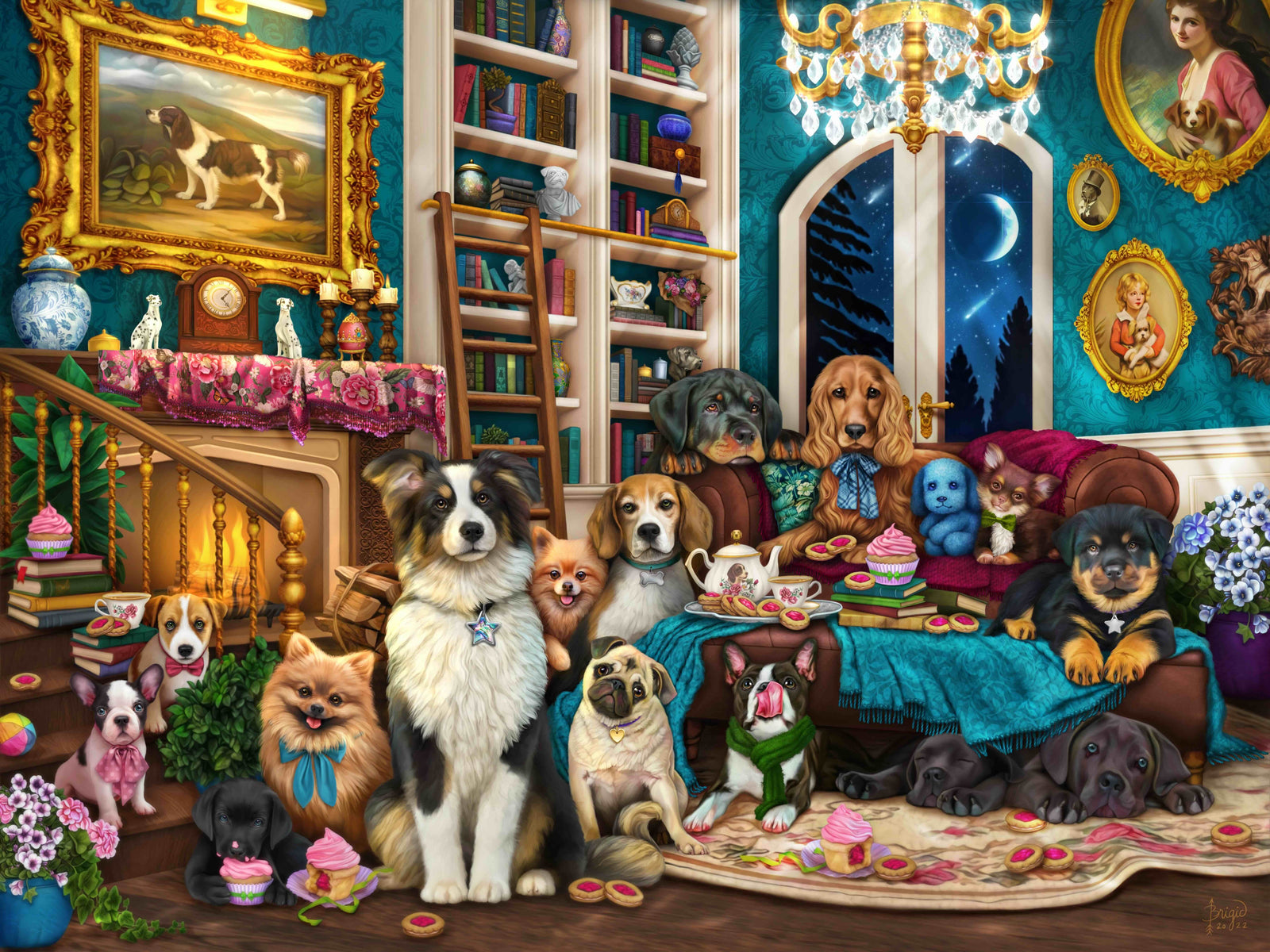 DOGS IN THE LIBRARY by BRIGID ASHWOOD, digitally printed on DENIM products: throw pillows, aprons, table place mats, and hand-made Unisex Denim Jackets in 3 color choices