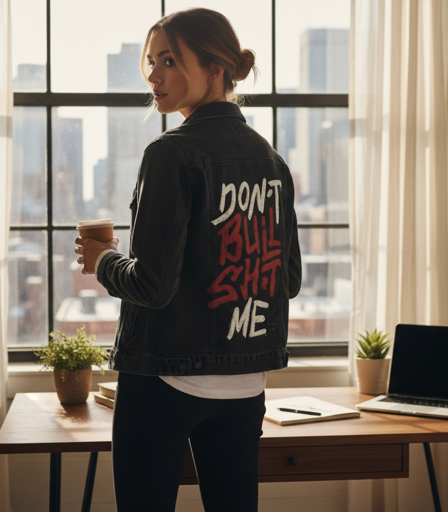 DON&#39;T BULLSHIT ME, by TOBE FONSECA, digitally printed on DENIM products: throw pillows, aprons, table place mats, and hand-made Unisex Denim Jackets in 3 color choices