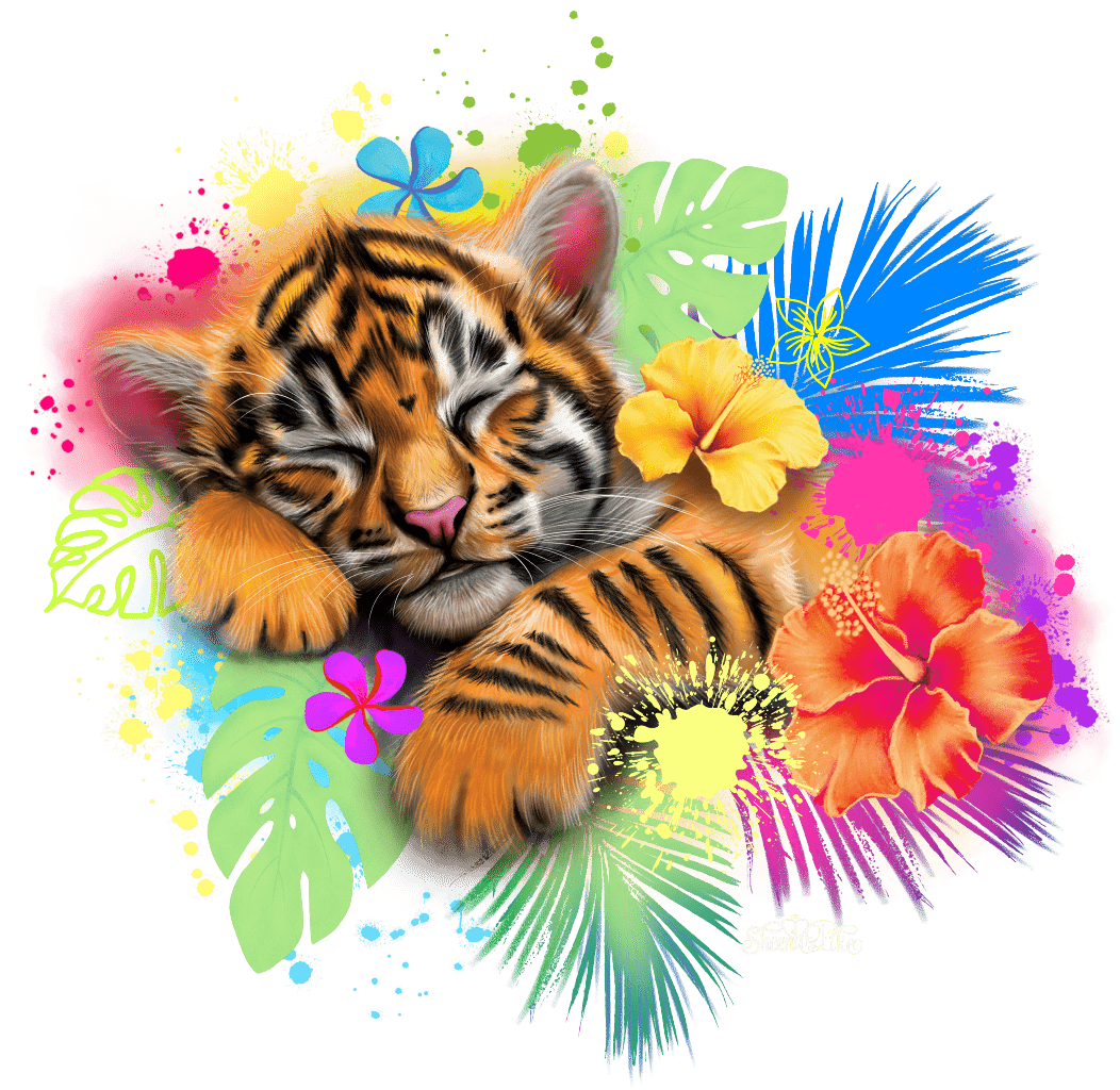 illustration of a sleeping tiger cub curled at the center with eyes closed and head resting on its forepaws. the cub’s orange and black striped fur is soft and detailed, with a pale muzzle and pink nose. it is surrounded by bright tropical flowers in yellow, orange, and coral, large green leaves, and splashes of neon paint in pink, blue, green, and yellow radiating outward against a black background. this artwork is titled “Dreaming Tiger Cub” and created by Sheena Pike