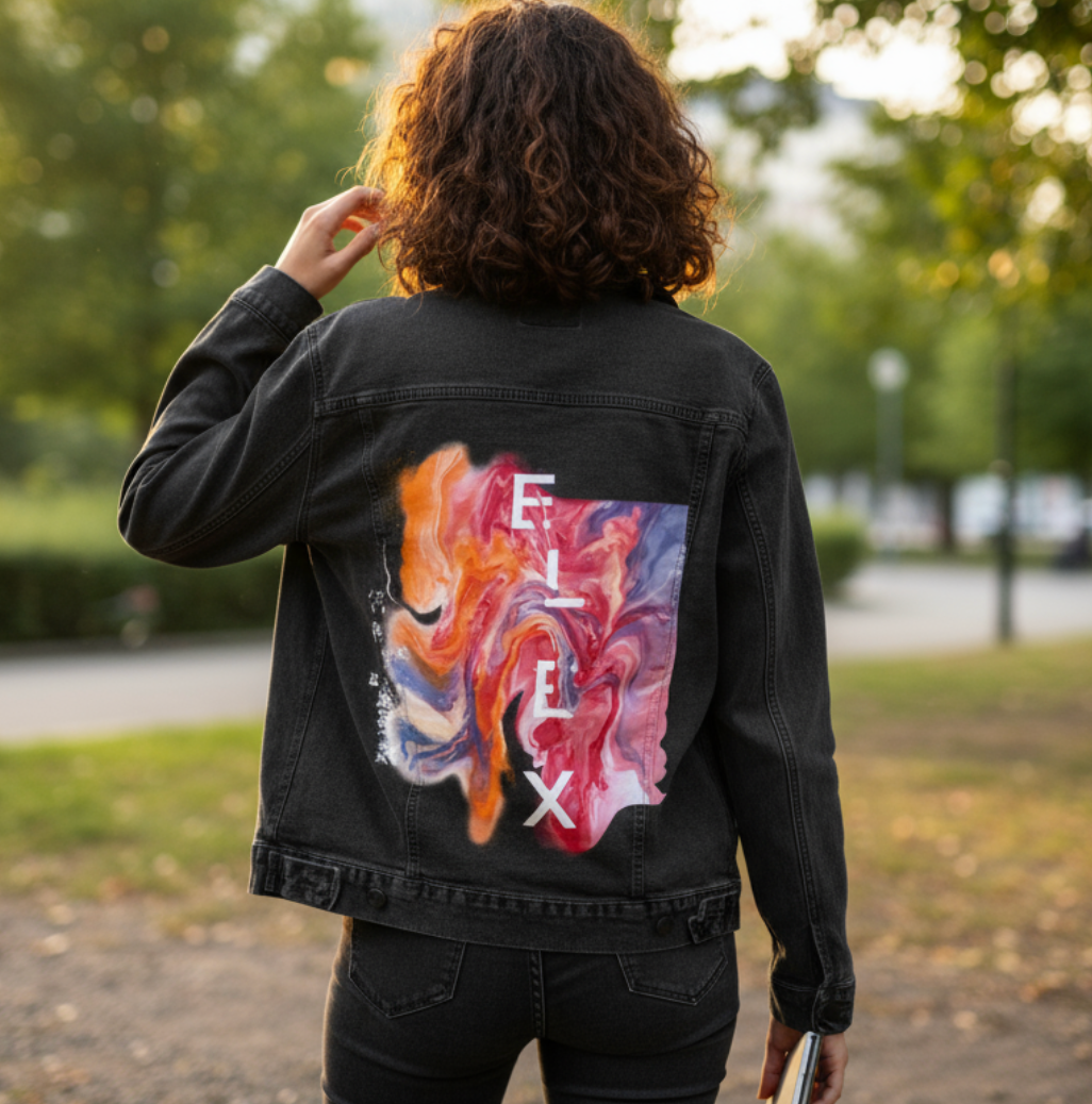 ELIX ABSTRACT by RAMIR DESIGNS, digitally printed on DENIM products: throw pillows, aprons, table place mats, and hand-made Unisex Denim Jackets in 3 color choices