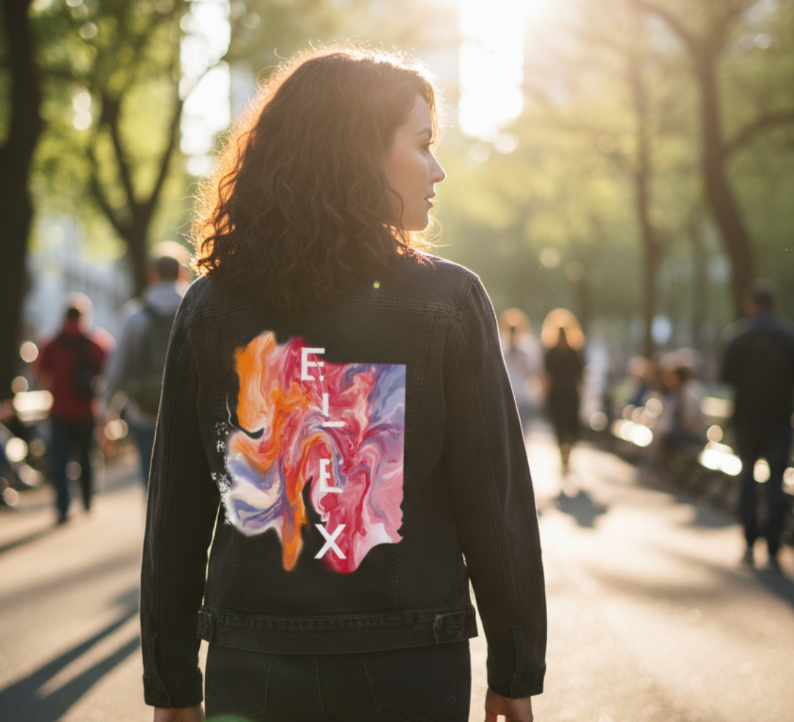 ELIX ABSTRACT by RAMIR DESIGNS, digitally printed on DENIM products: throw pillows, aprons, table place mats, and hand-made Unisex Denim Jackets in 3 color choices