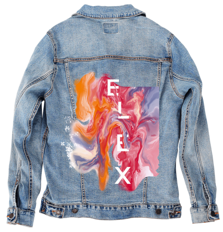 ELIX ABSTRACT by RAMIR DESIGNS, digitally printed on DENIM products: throw pillows, aprons, table place mats, and hand-made Unisex Denim Jackets in 3 color choices