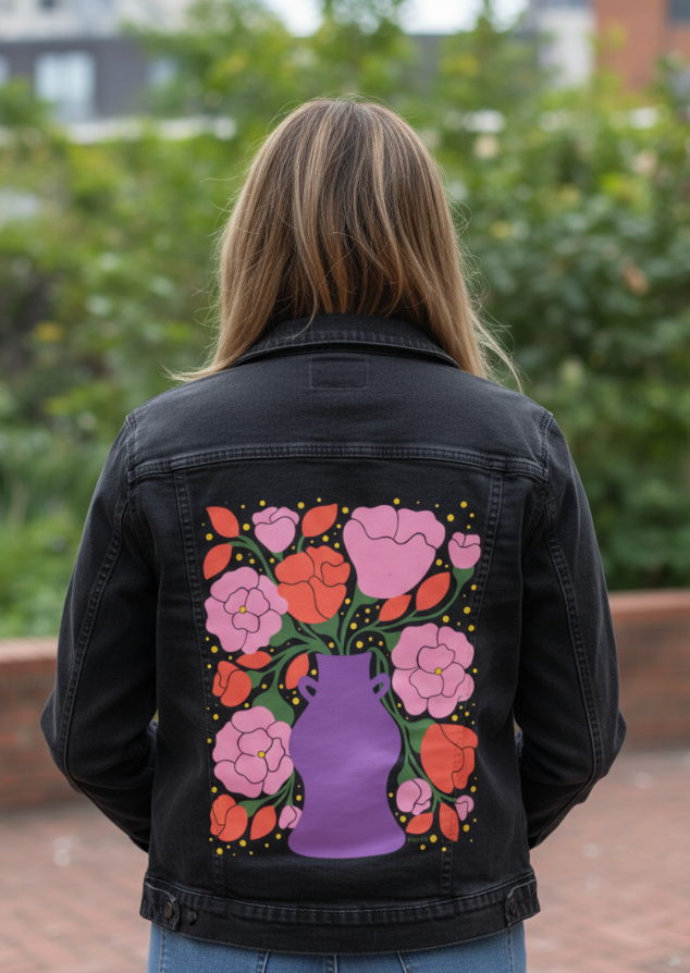 EMBER and BLUSH BOUQUET by IndySign, digitally printed on DENIM products: throw pillows, aprons, table place mats, and hand-made Unisex Denim Jackets in 3 color choices