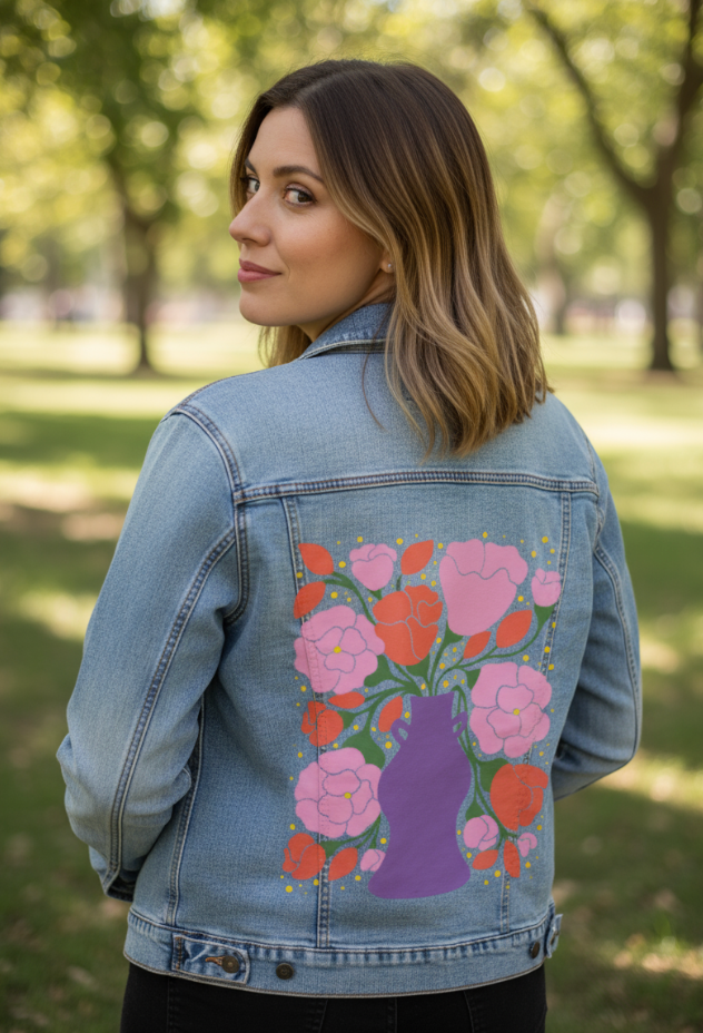 EMBER and BLUSH BOUQUET by IndySign, digitally printed on DENIM products: throw pillows, aprons, table place mats, and hand-made Unisex Denim Jackets in 3 color choices
