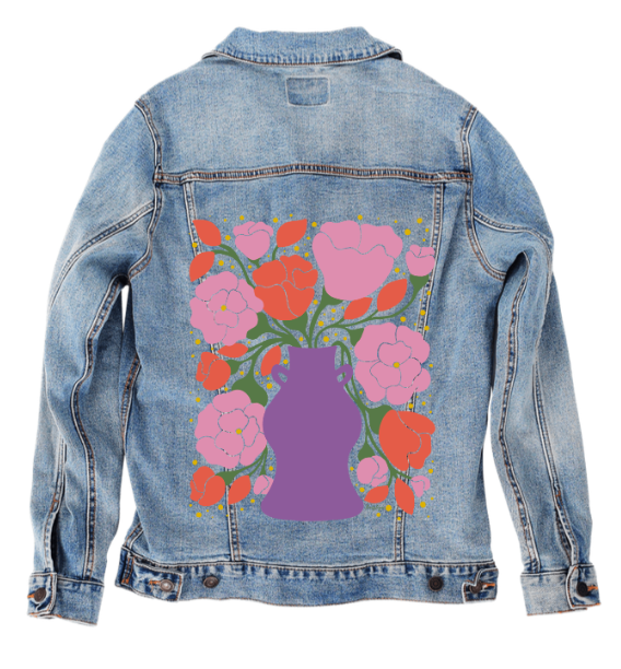 EMBER and BLUSH BOUQUET by IndySign, digitally printed on DENIM products: throw pillows, aprons, table place mats, and hand-made Unisex Denim Jackets in 3 color choices