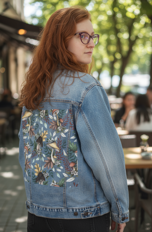 ENCHANTED MUSHROOMS by CECILIA BATTAINI, digitally printed on DENIM products: throw pillows, aprons, table place mats, and hand-made Unisex Denim Jackets in 3 color choices