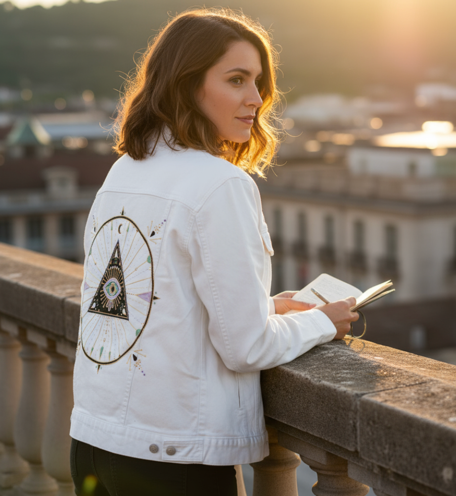 EVIL EYE MANDALA by CatCoq, digitally printed on DENIM products: throw pillows, aprons, table place mats, and hand-made Unisex Denim Jackets in 3 color choices