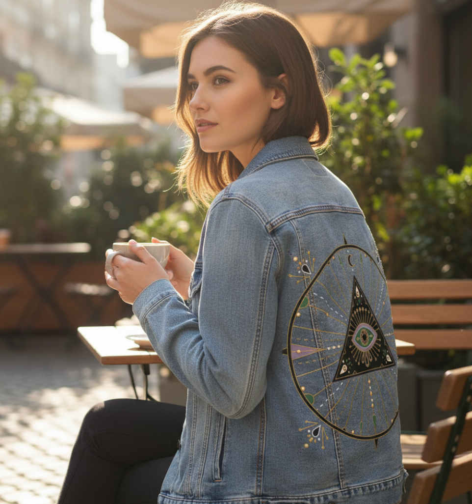EVIL EYE MANDALA by CatCoq, digitally printed on DENIM products: throw pillows, aprons, table place mats, and hand-made Unisex Denim Jackets in 3 color choices