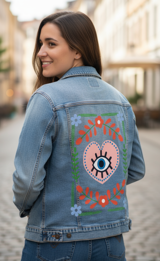 EYE WITHIN THE HEART by HEND SHEHATA, digitally printed on a hand-made Unisex Denim Jacket
