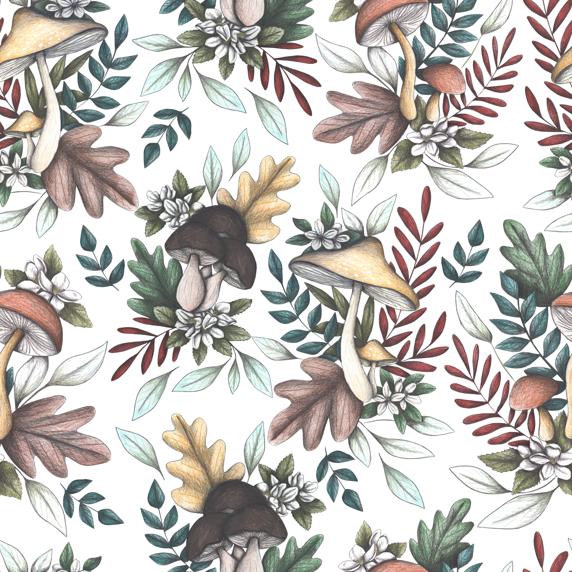 ENCHANTED MUSHROOMS by CECILIA BATTAINI, digitally printed on DENIM products: throw pillows, aprons, table place mats, and hand-made Unisex Denim Jackets in 3 color choices