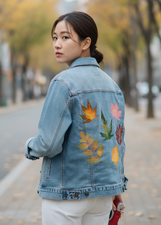 FALL LEAVES by thearticsoul, digitally printed on DENIM products: throw pillows, aprons, table place mats, and hand-made Unisex Denim Jackets in 3 color choices