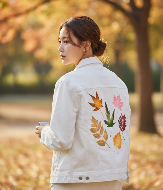 FALL LEAVES by thearticsoul, digitally printed on DENIM products: throw pillows, aprons, table place mats, and hand-made Unisex Denim Jackets in 3 color choices