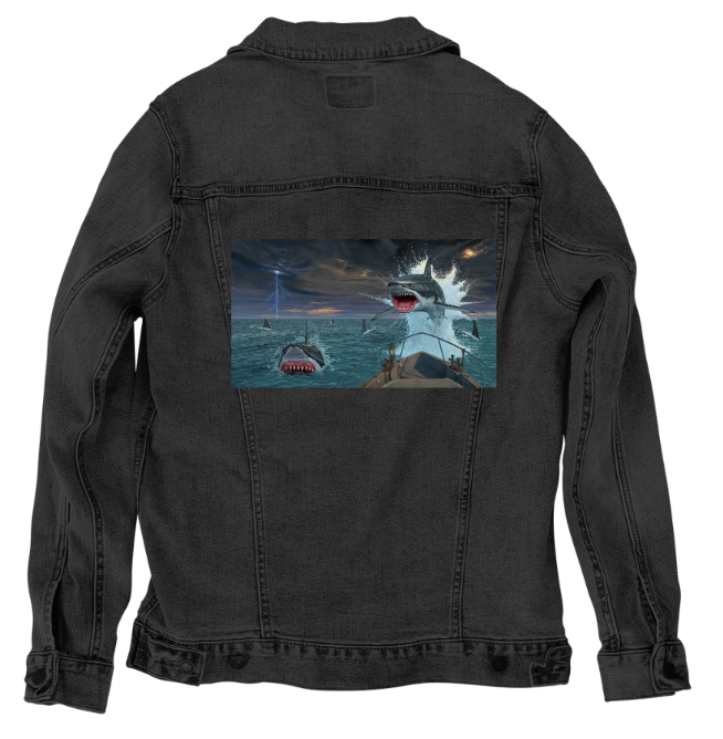 FISH OUT OF WATER2 by VINCENT HIE, digitally printed on DENIM products: throw pillows, aprons, table place mats, and hand-made Unisex Denim Jackets in 3 color choices