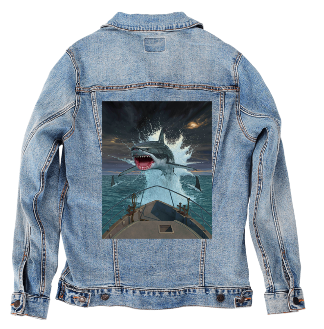 FISH OUT OF WATER by VINCENT HIE, digitally printed on DENIM products: throw pillows, aprons, table place mats, and hand-made Unisex Denim Jackets in 3 color choices