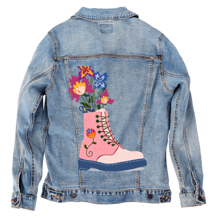 FLORAL BOOTS by thearticsoul, digitally printed on DENIM products: throw pillows, aprons, table place mats, and hand-made Unisex Denim Jackets in 3 color choices