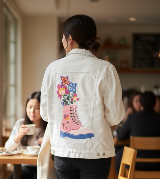 FLORAL BOOTS by thearticsoul, digitally printed on DENIM products: throw pillows, aprons, table place mats, and hand-made Unisex Denim Jackets in 3 color choices