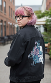 Floral Skull Beauty by Jess Adams, printed on a hand-made Unisex Denim Jacket