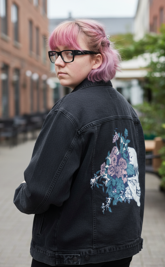 FLORAL SKULL BEAUTY by JESS ADAMS, digitally printed on DENIM products: throw pillows, aprons, table place mats, and hand-made Unisex Denim Jackets in 3 color choices