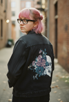 Floral Skull Beauty by Jess Adams, printed on a hand-made Unisex Denim Jacket