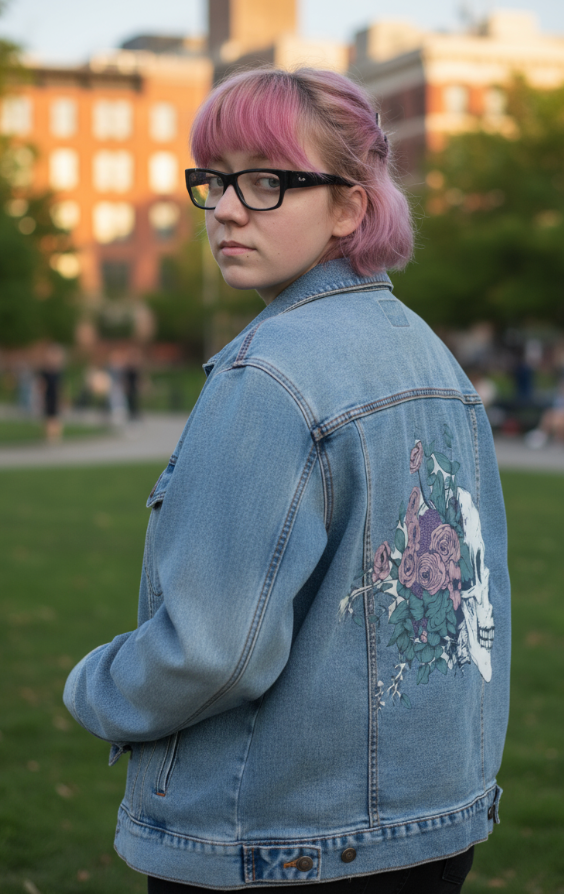 FLORAL SKULL BEAUTY by JESS ADAMS, digitally printed on DENIM products: throw pillows, aprons, table place mats, and hand-made Unisex Denim Jackets in 3 color choices