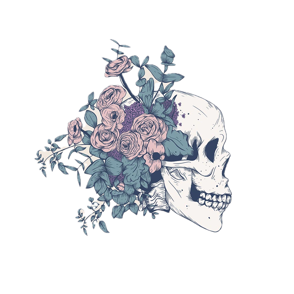 FLORAL SKULL BEAUTY by JESS ADAMS, digitally printed on DENIM products: throw pillows, aprons, table place mats, and hand-made Unisex Denim Jackets in 3 color choices