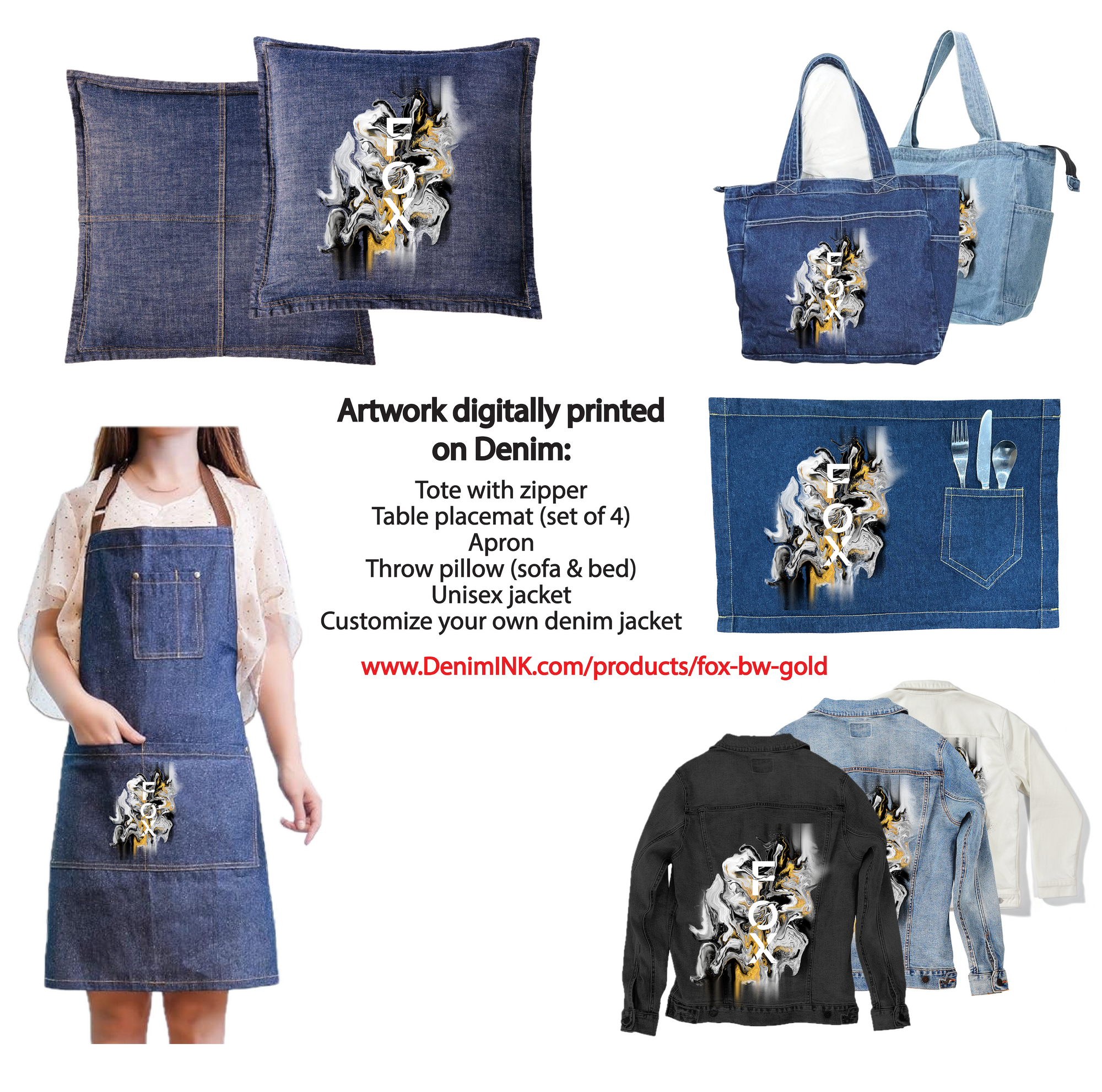 FOX BW GOLD by RAMIR DESIGNS, digitally printed on DENIM products: throw pillows, aprons, table place mats, and hand-made Unisex Denim Jackets in 3 color choices