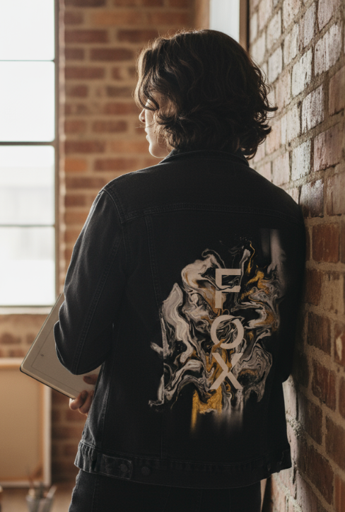 FOX BW GOLD by RAMIR DESIGNS, digitally printed on DENIM products: throw pillows, aprons, table place mats, and hand-made Unisex Denim Jackets in 3 color choices