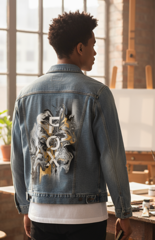 FOX BW GOLD by RAMIR DESIGNS, digitally printed on DENIM products: throw pillows, aprons, table place mats, and hand-made Unisex Denim Jackets in 3 color choices