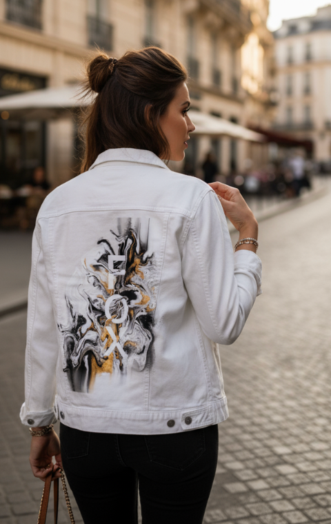 FOX BW GOLD by RAMIR DESIGNS, digitally printed on DENIM products: throw pillows, aprons, table place mats, and hand-made Unisex Denim Jackets in 3 color choices