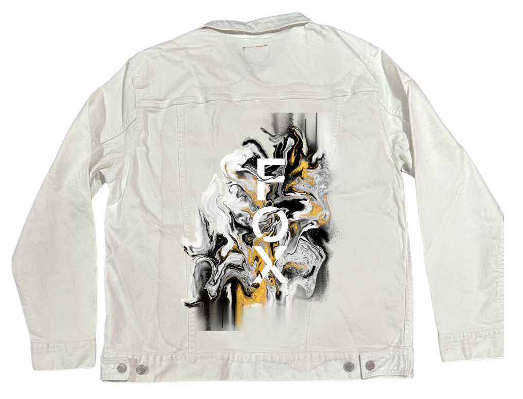FOX BW GOLD by RAMIR DESIGNS, digitally printed on DENIM products: throw pillows, aprons, table place mats, and hand-made Unisex Denim Jackets in 3 color choices